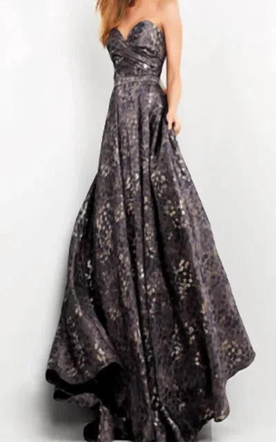 Jovani Strapless Jacquard Ballgown In Grey/brown/navy In Gray