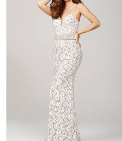 Jovani Strapless Lace Gown In White/nude