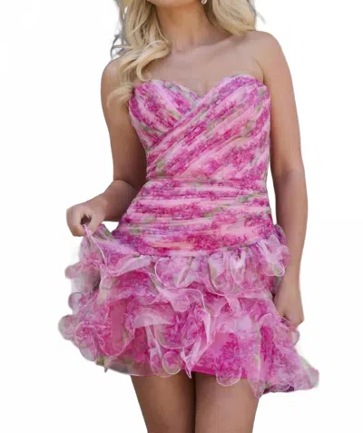 Jovani Strapless Pleated Sweetheart Bodice Ruffle Mini Dress In Fuchsia Print In Pink