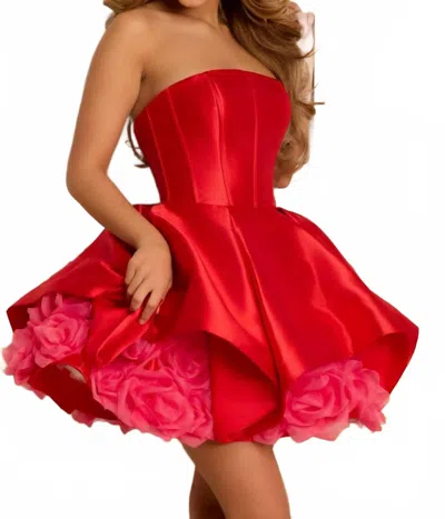 Jovani Strapless Rose Embellished Hem Dress In Red In Neutral