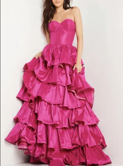 Jovani Strapless Ruffle Skirt Gown In Fuchsia In Pink