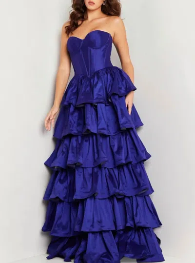 Jovani Strapless Ruffle Skirt Gown In Royal Blue