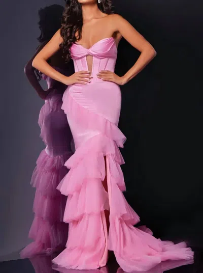 Jovani Strapless Ruffle Tiered Gown In Pink