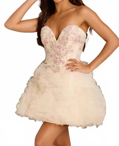 Jovani Strapless Ruffled Tulle Dress With Floral Embroidery In White/multi In Neutral