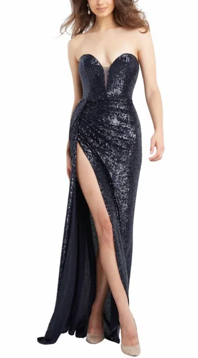 Jovani Strapless Sequin Gown High Slit In Midnight In Blue
