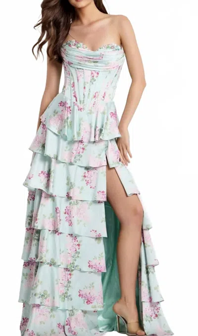 Jovani Strapless Tiered Floral Gown With Slit In Mint Multi