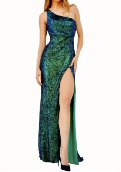 Jovani Strappy Back One Shoulder Dress In Emerald In Blue