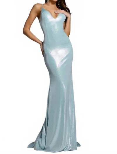 Jovani Strappy Plunging V Neck Prom Gown In Mint In Blue