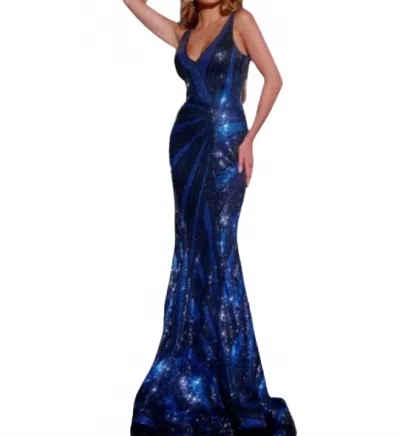 Jovani Stripe Pattern Prom Dress In Navy In Blue