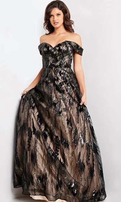 Jovani Sweetheart A-line Gown In Black/nude In Gray