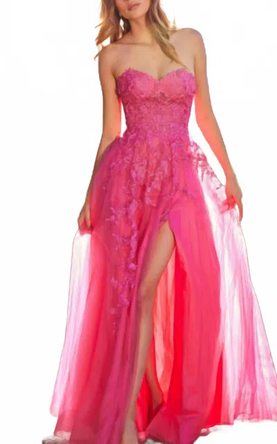 Jovani Sweetheart Lace Appliqued Dress In Hot Pink