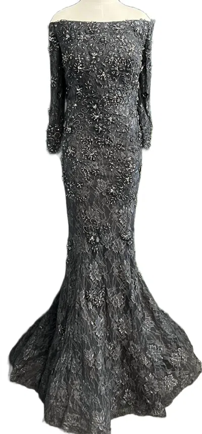 Jovani Three Quarter Sleeve Embellished Dress In Charcoal In Gray