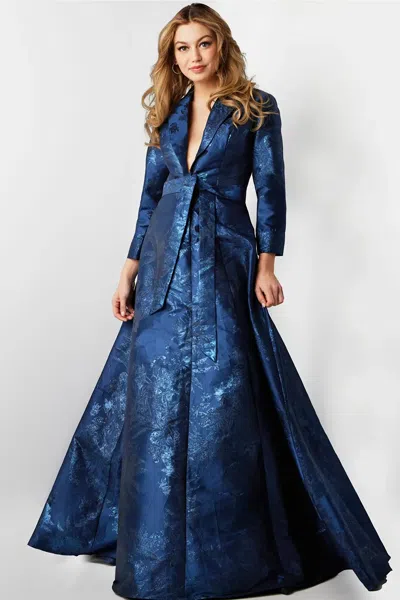 Jovani Three Quarter Sleeve Jacquard Gown In Blue