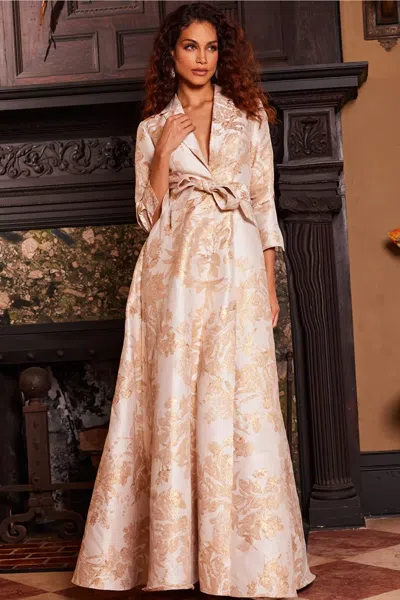Jovani Three-quarter Sleeve Jacquard Gown In Gold