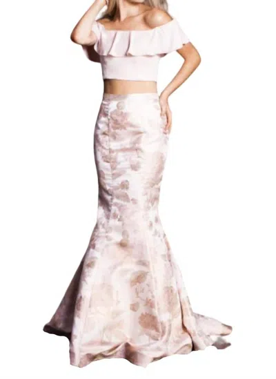 Jovani Two Piece Off The Shoulder Gown In Blush/gold In White
