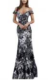 Jovani Two Tone Embroidered Off-shoulder Gown In Black Multi In Gray