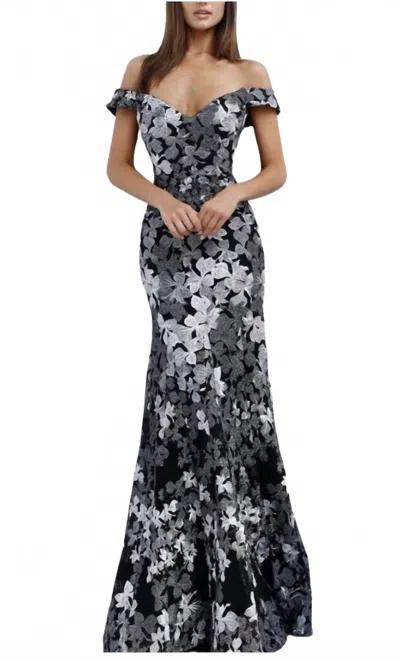 Jovani Two Tone Embroidered Off-shoulder Gown In Black Multi In Gray