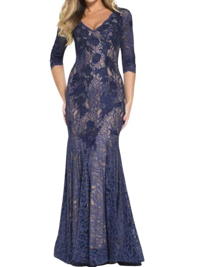 Jovani V Neck Embroidered Lace Evening Dress In Navy In Blue