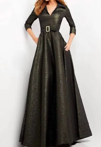 Jovani V Neck Evening Gown In Olive In Brown