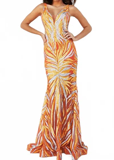 Jovani V Neck Prom Dress In Orange/silver In Gold