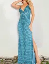 Jovani V-neck Sequin Gown In Teal Blue