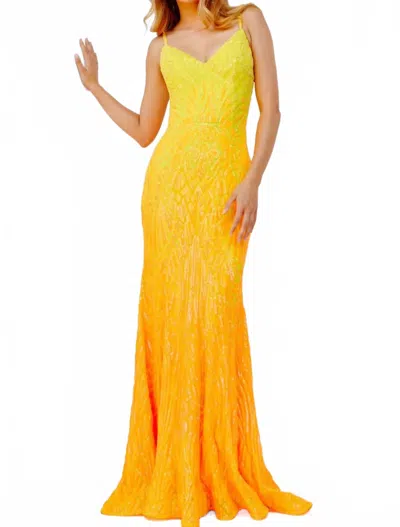 Jovani V Neck Sequin Prom Dress In Yellow/orange