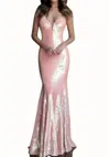 JOVANI V NECK SEQUINNED GOWN IN CORAL