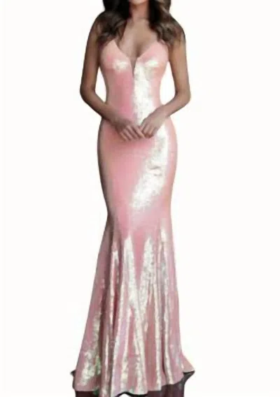 Jovani V Neck Sequinned Gown In Coral In Pink