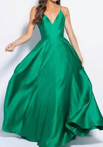 Jovani V-neckline Satin Prom Dress In Emerald