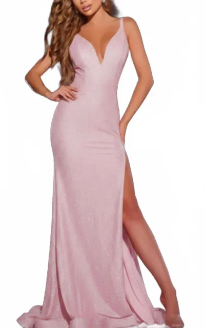 Jovani V-neck Glitter Gown In Blush In Pink