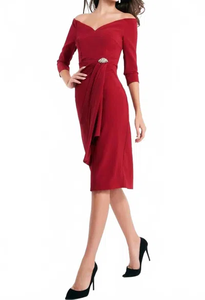 Jovani V-neck Off Shoulder Cocktail Dress In Burgundy In Red