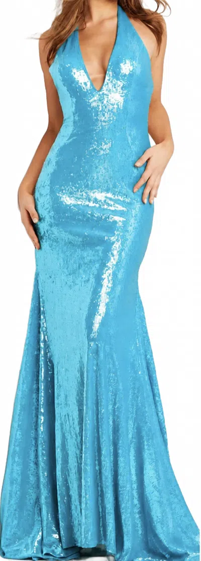 Jovani V-neck Prom Dress In Iridescent Royal In Brown