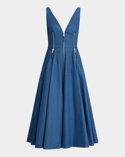 Jovani Zipper-embellished Godet Denim Midi Dress In Blue