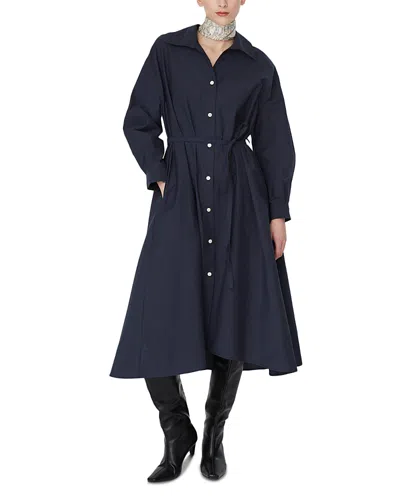 Jovonna London Long Sleeve Collared Button Down Midi Dress In Blue