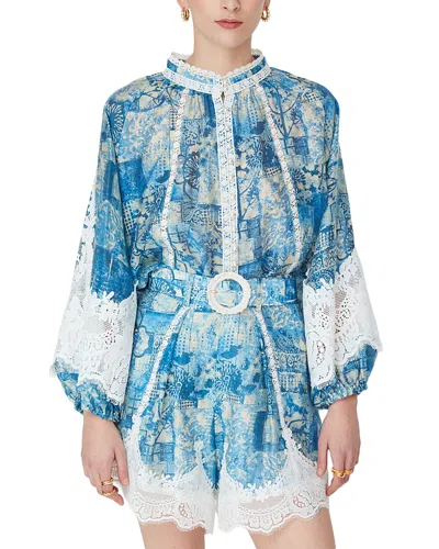 Jovonna London Long Sleeve Printed Lace Trim Blouse In Blue