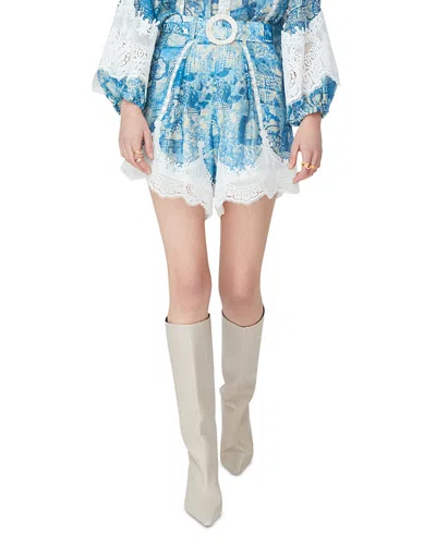 Jovonna London Printed Lace Trim Shorts In Blue