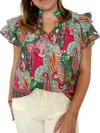 Joy Joy Aelia Flutter Sleeves Top In Green In Multi