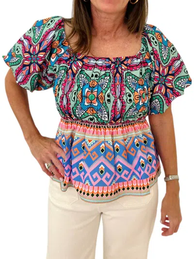 Joy Joy Belle Puff Sleeve Top In Green In Multi