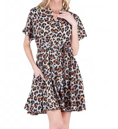 Joy Joy Button Front Flared Mini Dress In Leopard In Brown
