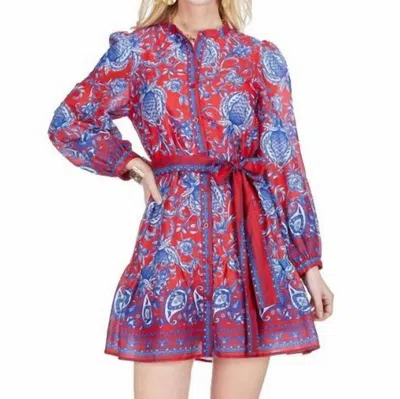 Joy Joy Button Front Flutter Hem Dress In Blue Vines In Multi