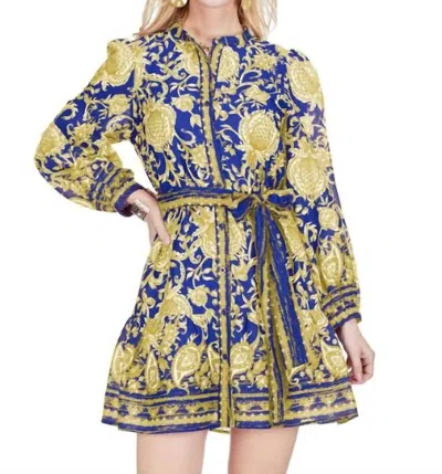 Joy Joy Button Front Flutter Hem Dress In Purple Gold Vines In Blue