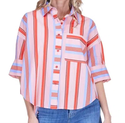 Joy Joy Button Short Sleeve Shirt In Red Stripe In Multi