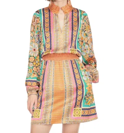 Joy Joy Cinched Waist Dress In Scarf Print In Multi