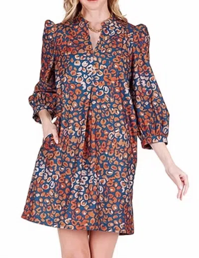 Joy Joy Corduroy Front Yoke Dress In Fall Leopard In Blue