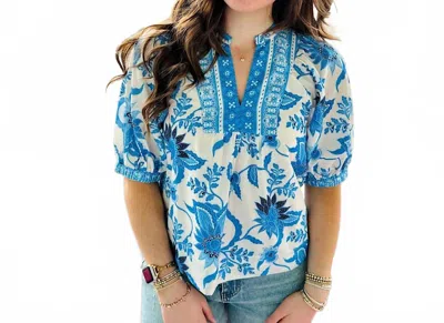 Joy Joy Dutch Meadow Front Yoke Top In Blue And White