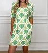Joy Joy Fitted Dress In Green Motif In Multi