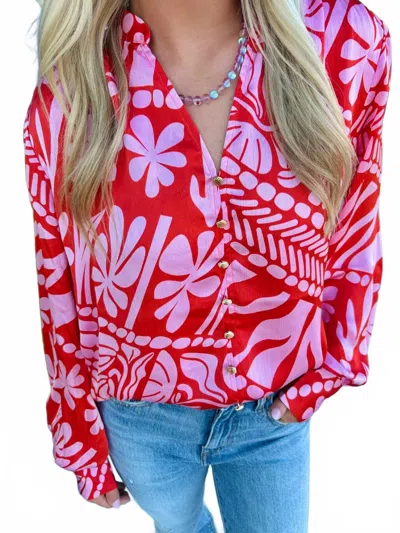 Joy Joy Flame Button Blouse In Hibiscus In Multi