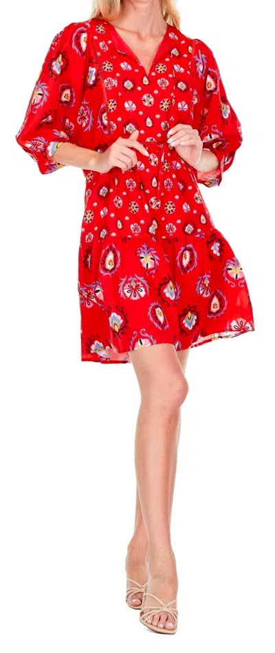 Joy Joy Front Yoked Tiered Dress In Red Multi