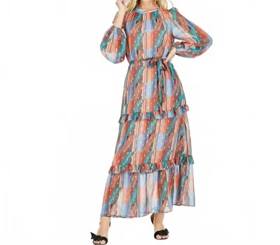 Joy Joy Geo Stripe Ruffle Trim Column Dress In Multi