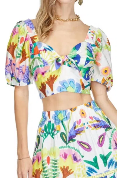 Joy Joy Island Art Tie Front Bustier Crop Top In Multi